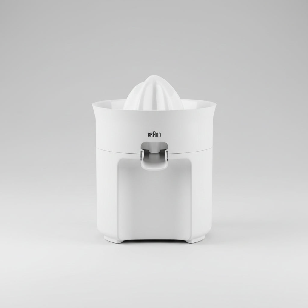Braun citrus juicer on a kitchen counter with fruits and juice.