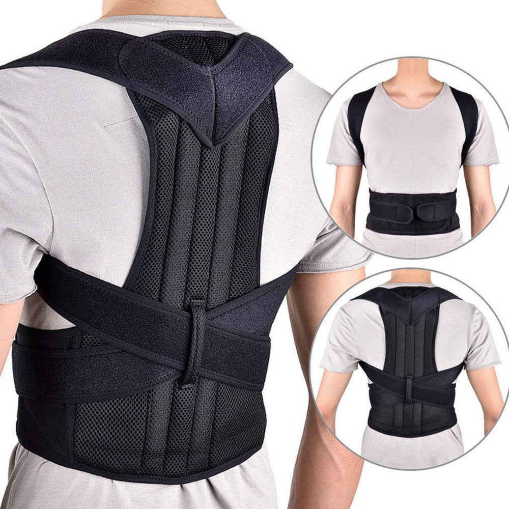 Black posture corrector worn by a person on a plain background